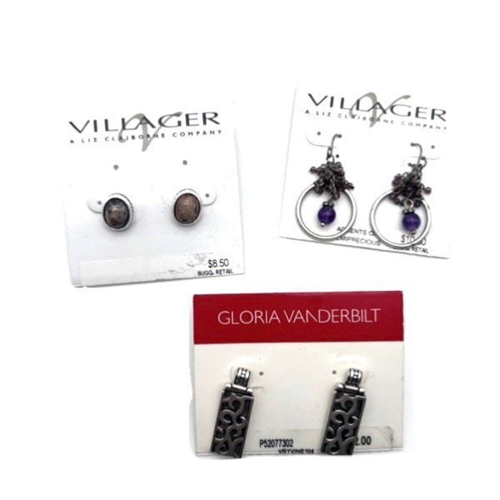 NWT Villager Gloria Vanderbilt Earrings Studs Dangle Drop Classic Silver tone